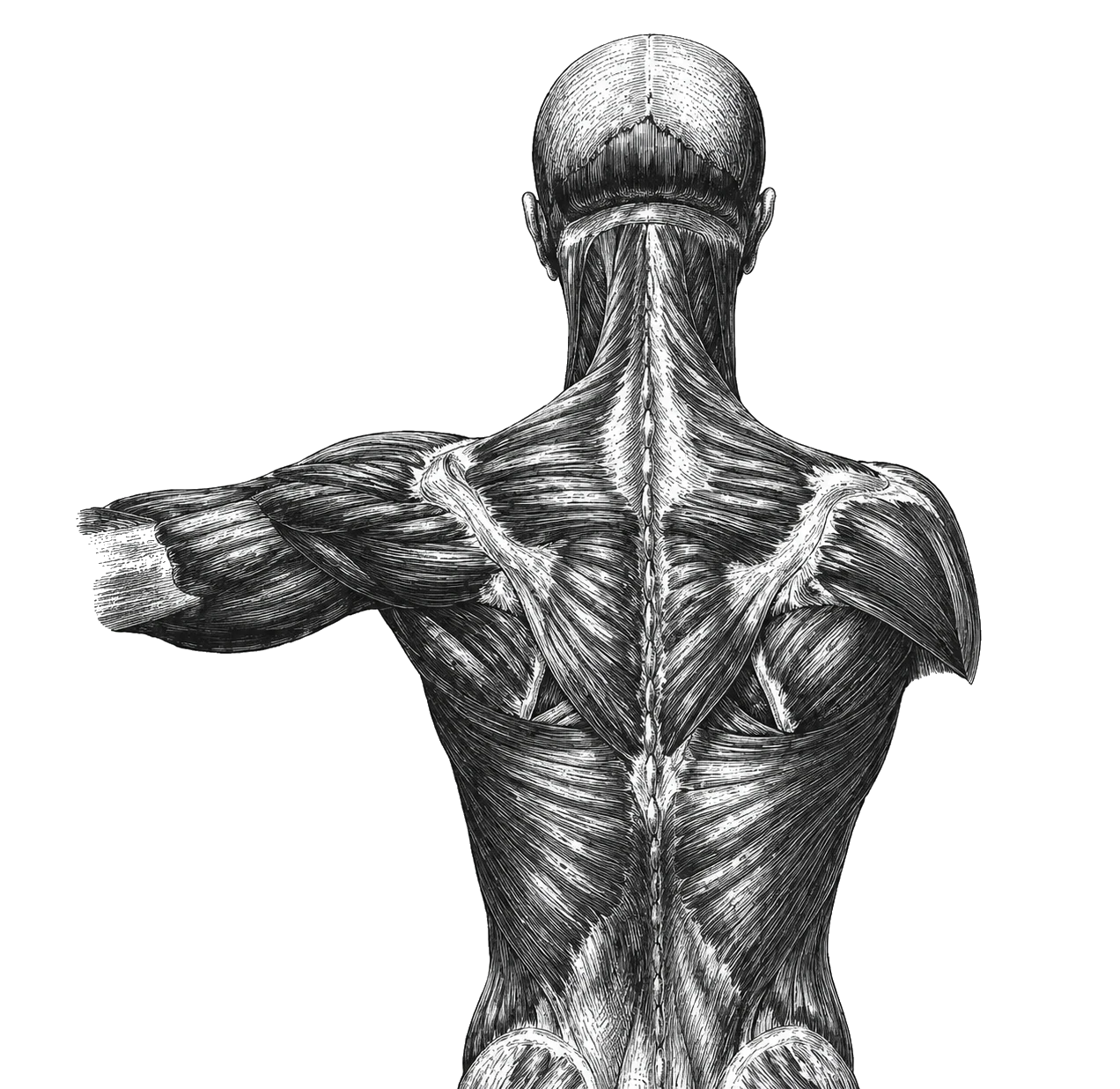 Anatomical illustration of the upper back and shoulder musculature - trapezius, latissimus dorsi and surrounding muscle groups